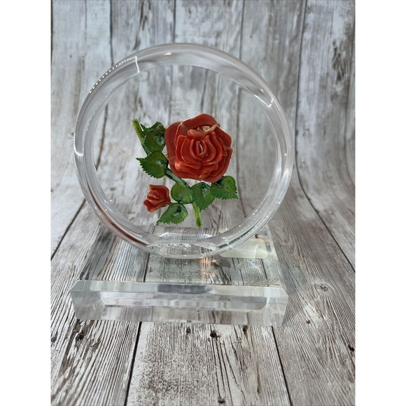 Vintage Rolf Wald Reverse Carved Acrylic Paperweight 3D Rose Lucite Flower - Picture 1 of 12